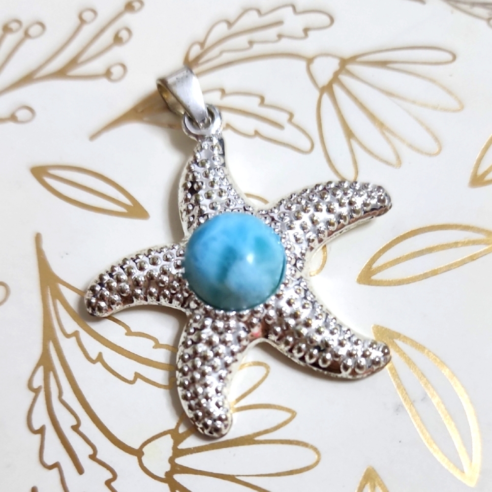 Silver Starfish Pendant with Blue Larinar Accent